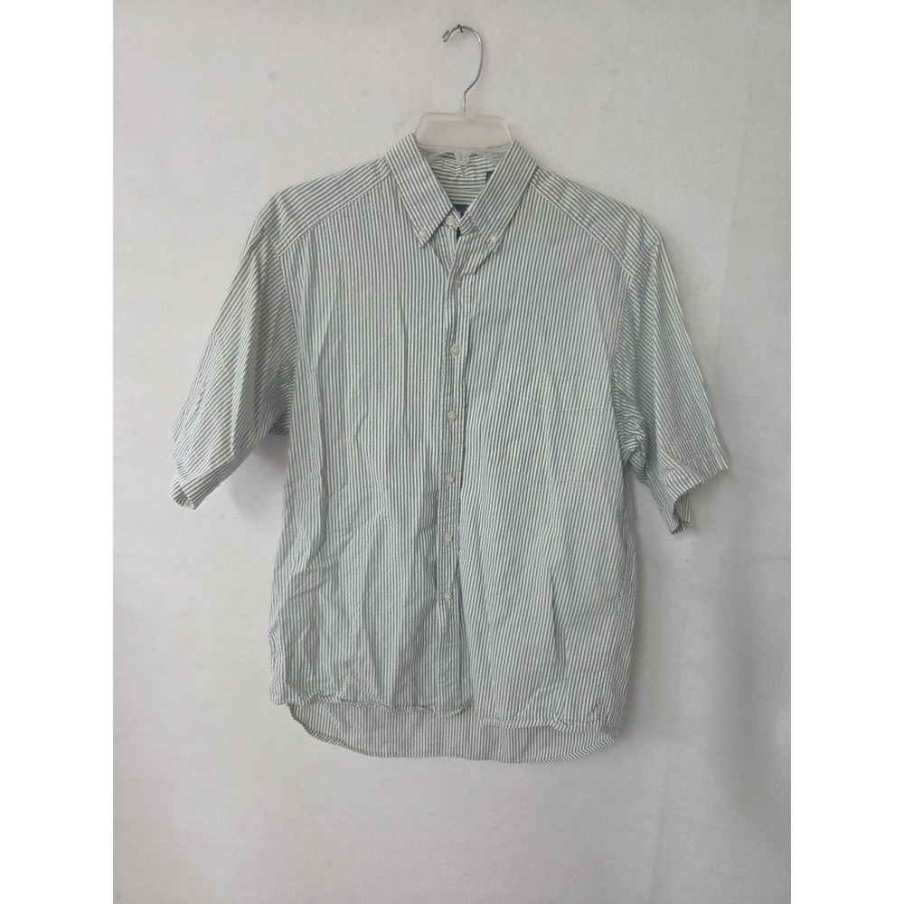 GAP Seersucker Button Down Shirt Men Medium Green White Striped Short Sleeve Vtg